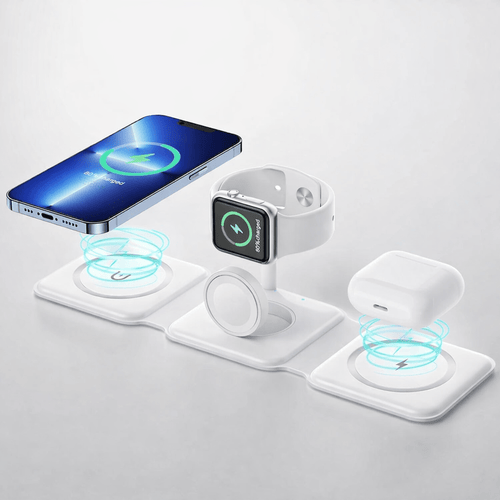 Wireless charging pad with iphone, apple watch, and airpods on a white background