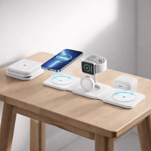 3 in 1 wireless magsafe charger on a wooden table with smartphone iphone, smartwatch applewatch, and airpods earphones.