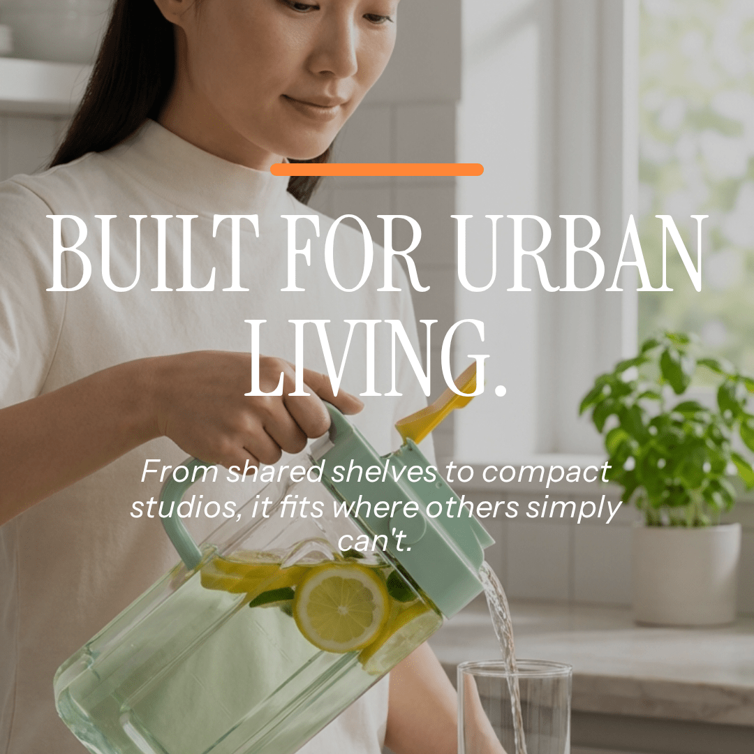 Person pouring lemon water from a green container with text about urban living solutions.