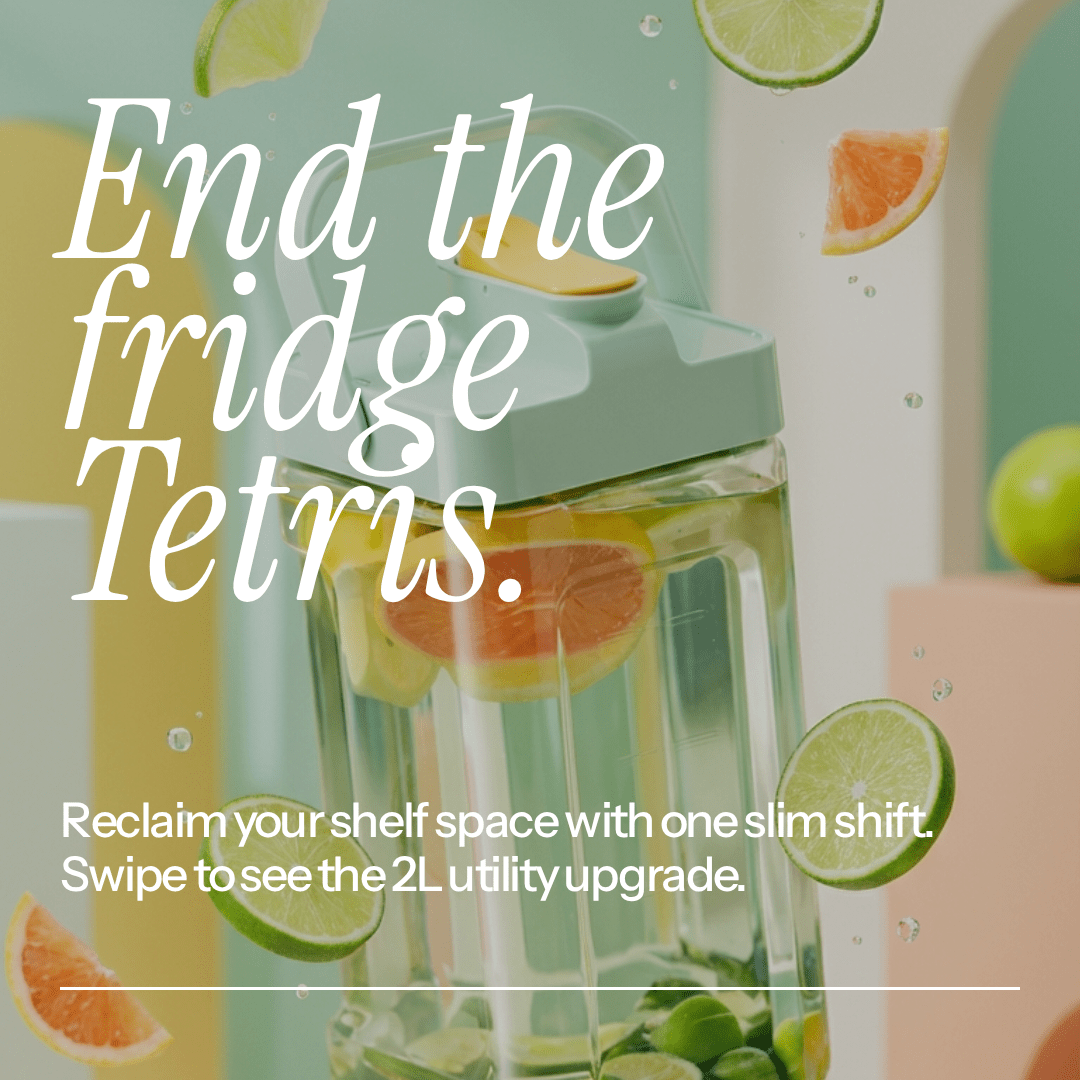 Clear water bottle with fruit slices on a colorful background with text about shelf space.