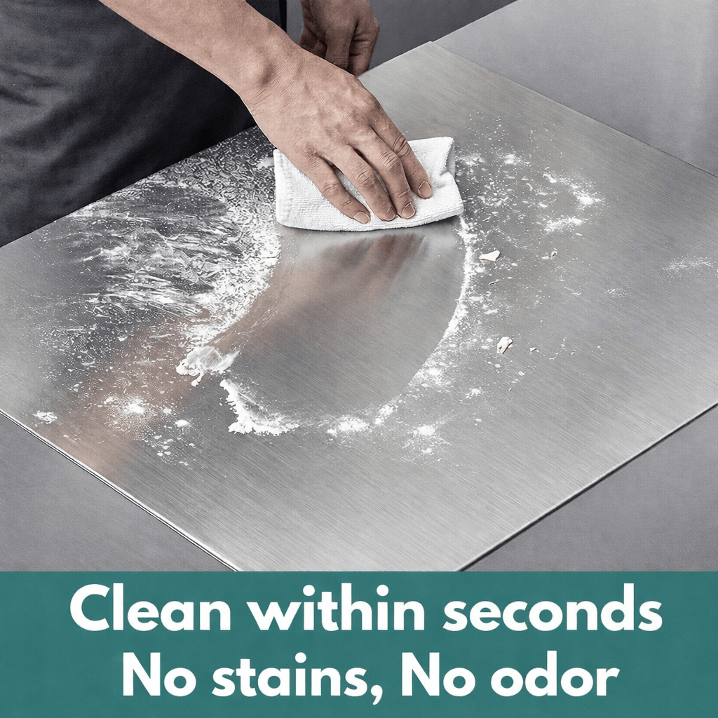 Person cleaning a stainless steel cutting board with a cloth