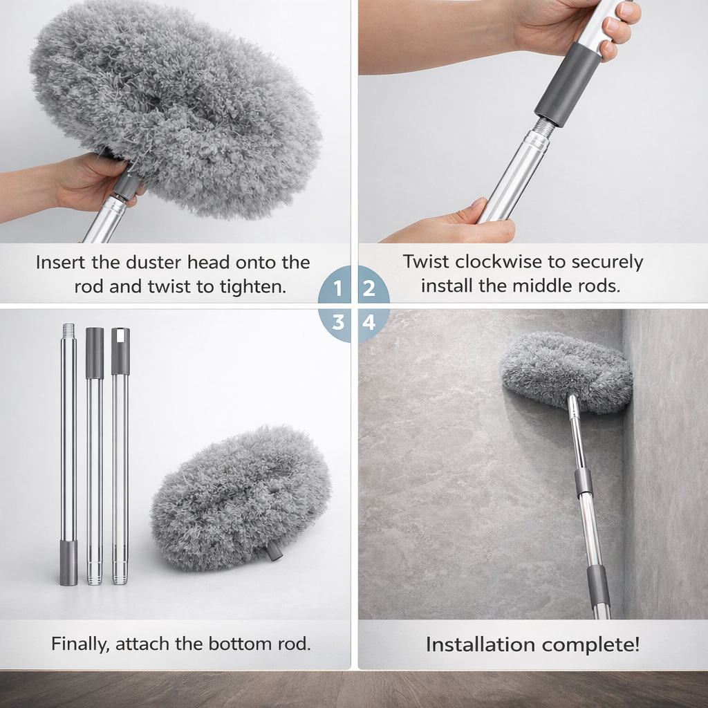 Step-by-step guide on how to assemble a duster with text instructions.