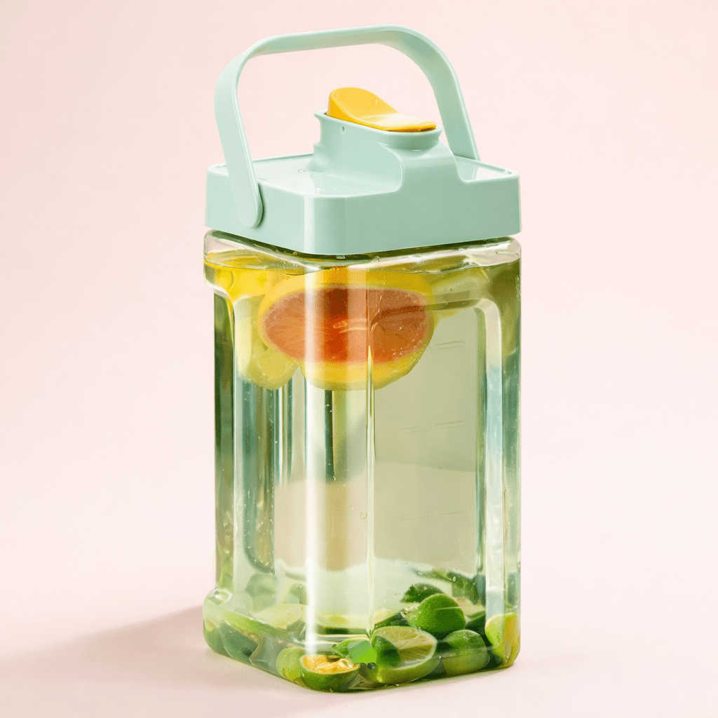 Clear infuser bottle with lemon slices and other fruits on a light pink background