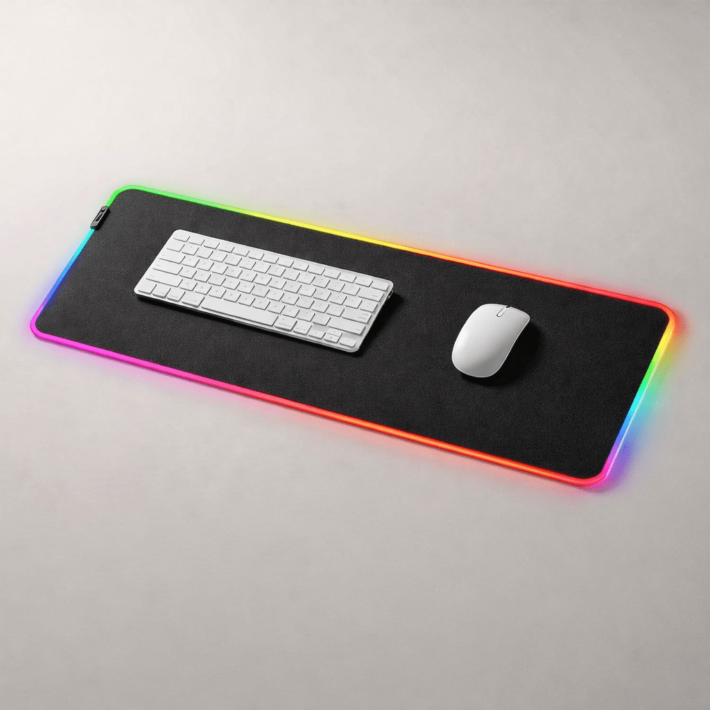 Large black keyboard and mouse pad with RGB lighting on a gray surface, featuring a keyboard and mouse.