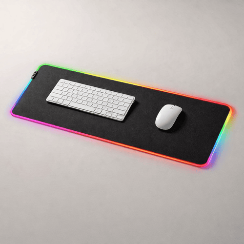 Large black keyboard and mouse pad with RGB lighting on a gray surface, featuring a keyboard and mouse.