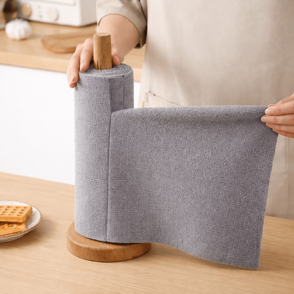 Person unrolling a roll of gray cleaning cloth kitchen from a wooden stand on a kitchen counter.