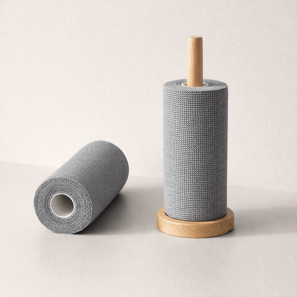 Two rolls of gray kitchen cloth with wooden stands on a light beige background, kitchen cleaning cloth