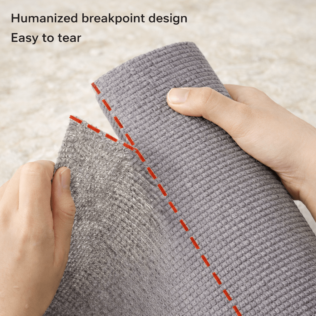 Gray cloth for kitchen cleaning with red tear lines and hands tearing it, on a beige carpet background.