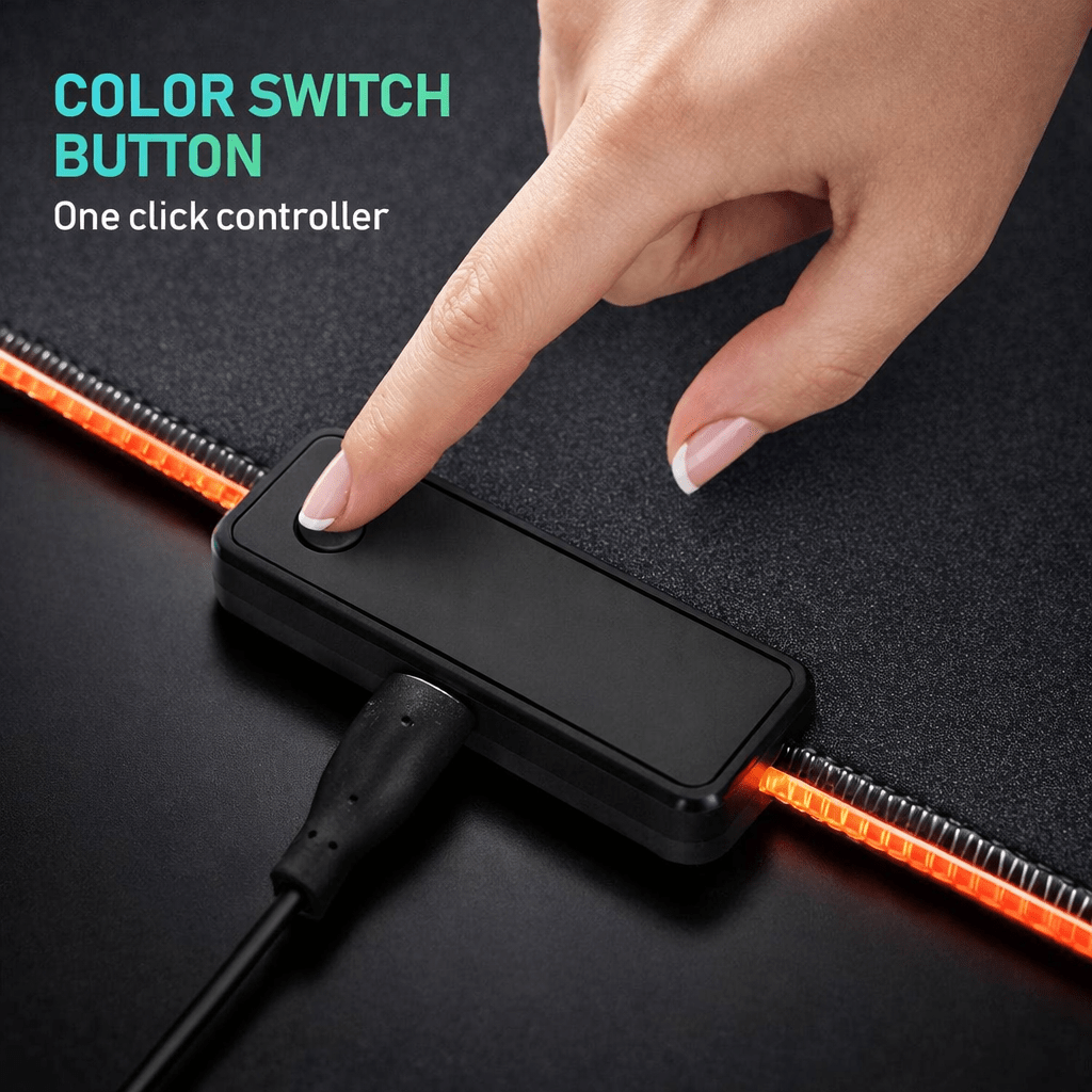 Hand pressing a color switch button on a gaming keyboard and mouse pad with text 'Color Switch Button' and 'One click controller'.
