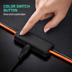 Hand pressing a color switch button on a gaming keyboard and mouse pad with text 'Color Switch Button' and 'One click controller'.